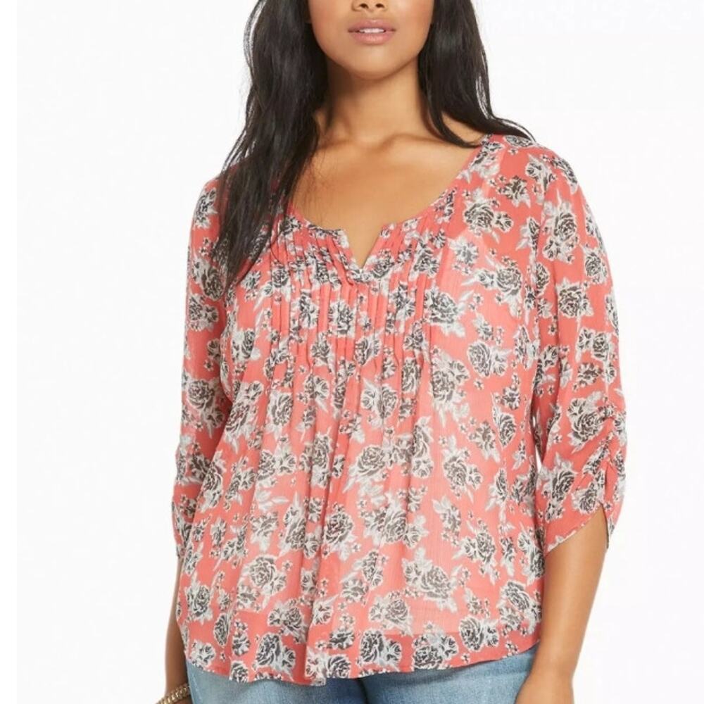 Torrid Floral Chiffon Pintuck Top Womens Size 1X Persimmon Pink Boho Blouse